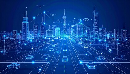 Fototapeta premium IoT Smart City Blueprint with Neon Grid 