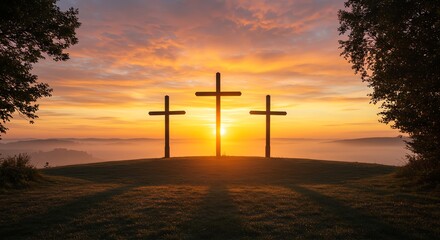 Three Crosses Silhouette at Sunrise on Hilltop with Fog