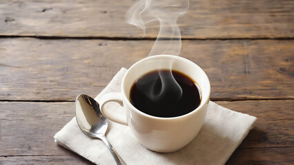 Obraz premium A steaming cup of black coffee with a spoon on a white napkin placed on a wooden textured surface