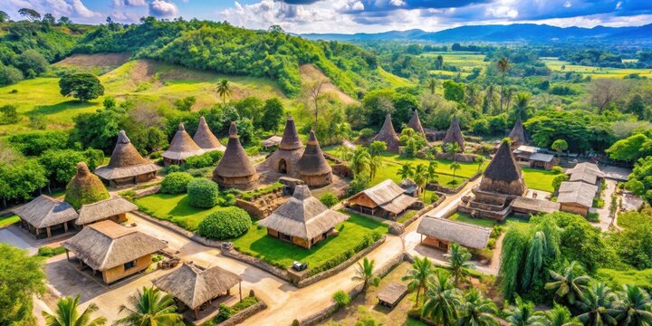 Bird's Eye View of Ancient Sumba Village, showcasing traditional architecture, gardens, and temples amidst a serene natural setting , sumba island, traditional village