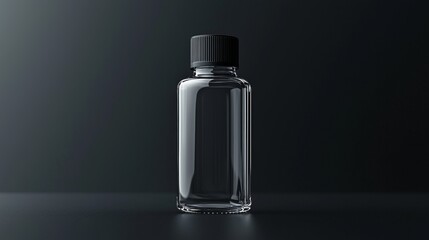 Clear glass bottle with black cap on a dark background, perfect for beverage packaging.