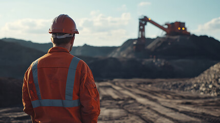 Miner in Hard Hat Overlooking Coal Mine