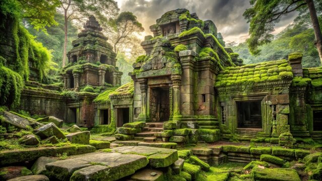 A majestic temple with crumbling stone walls and overgrown vegetation, covered in moss and lichen, as if nature has reclaimed it after centuries of abandonment , moss, vegetation