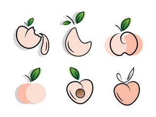Peach Fruit Drawings in Minimal Vector Style with Leaves
