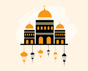 Illustration of Mosque with Domes and Hanging Lanterns in Flat Vector Style