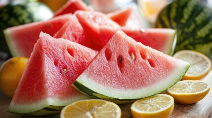 A juicy watermelon cut into wedges, served on a hot summer day, with slices of citrus fruit adding a burst of color.