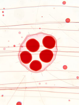 Cryptosporidium parvum protozoa positive (red sphere shape) in human stool smear, oocyst stage, acid-fast stain, analyze by microscope