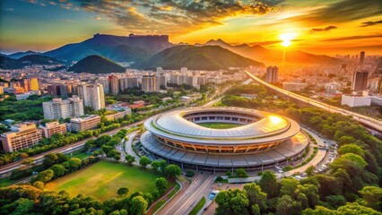 Aerial view of Maracana Stadium at sunset with vibrant colors and lush greenery surrounding the iconic structure in Rio De Janeiro, brazilian architecture, urban landscape