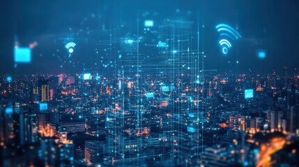 Fototapeta premium Aerial cityscape at night with digital connectivity icons