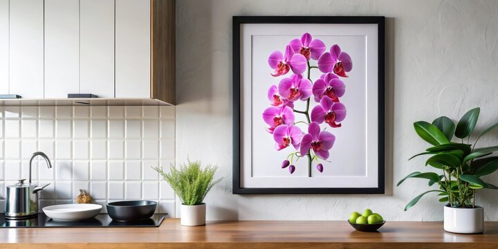 Black vertical frame mockup with a stunning botanical print of orchids in shades of pink and purple hanging on kitchen wall art , kitchen decor, vertical frames