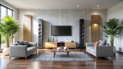 Fototapeta premium Sleek Modern Living Room with Stereo Speakers, hi-fi speakers