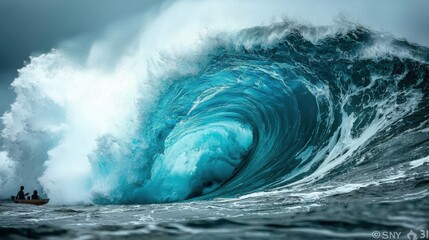 An up - close view of an epic wave that vividly showcases the raw power and captivating beauty of nature's surf culture. The wave, with its towering crest and foaming whitecaps.
