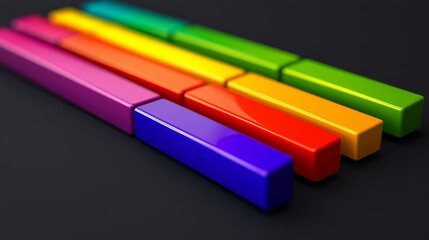 Fototapeta premium Colorful building blocks arranged in a vibrant spectrum on a dark background.