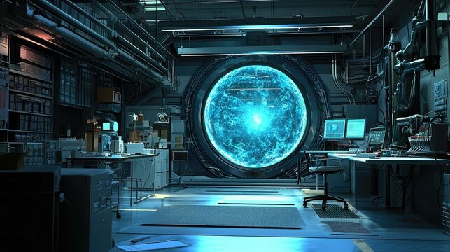 A lab where a portal opens, revealing a parallel universe.