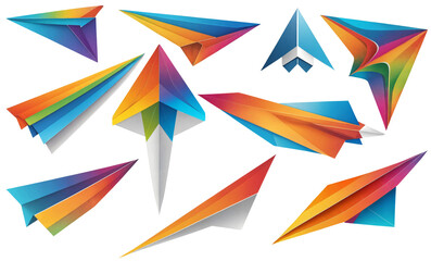 Bunte Papierflieger in verschiedenen geometrischen Designs auf schwarzem Hintergrund – kreative Origami-Interpretationen mit Regenbogeneffekt