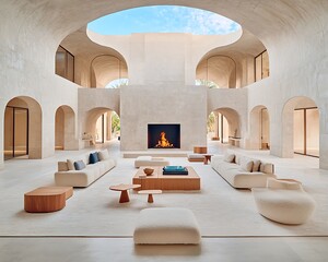 Open-plan, minimalist living space with a fireplace