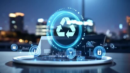 Futuristic recycling icon glowing with digital interface over a cityscape at night - Powered by Adobe