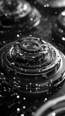 A close up of a black and silver object with a lot of detail. The object is a sphere with a lot of small details and a lot of silver. The object is surrounded by a lot of small dots