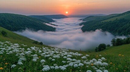 Sunrise over a valley shrouded in morning mist, with wildflowers in the foreground. Lush green hills and forests frame the valley. A vibrant sunrise paints the sky in warm hues