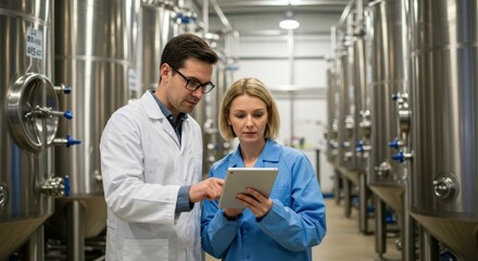 Two lab workers using tablet by brewing tanks