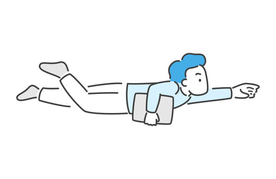 パソコンをもって飛ぶ男性のイラスト　ベクター
