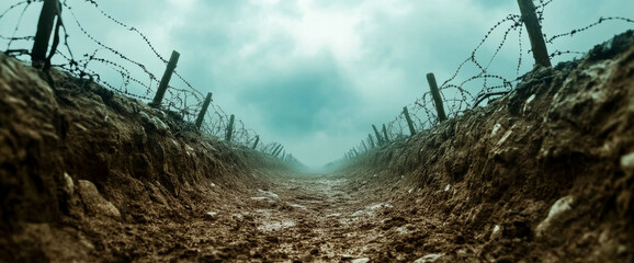 Empty World War I trench with foggy and dark atmosphere, evoking sense of desolation and history
