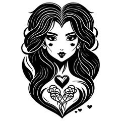 Stylized monochrome portrait of a woman with ornate heart details and flowing hair