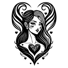 Enigmatic beauty portrait with swirling hair and delicate heart motif accents