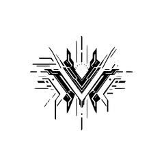 Futuristic Tech Emblem, Black and White Geometric Design on White