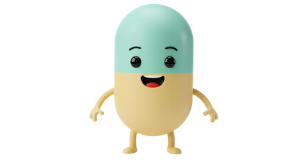 Obraz premium Cheerful pill character with a light blue top and yellow bottom, stands smiling against a black background. Cute and approachable.