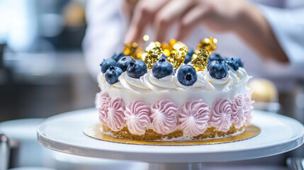 Expertly decorated cake with blueberries, whipped cream, and gold accents
