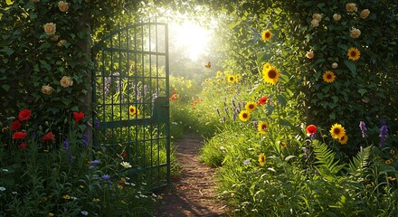 A garden gate opening to a secret overgrown floral paradise