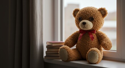 Obraz premium Teddy Bear Sitting by Window with Books - Cozy Still Life