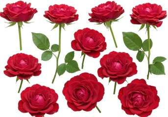 A collection of nine red roses with green stems and leaves isolated on a white background view from above