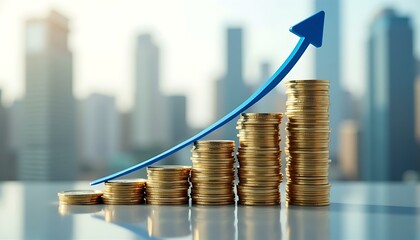 Financial Growth: Rising Coin Stacks and Upward Arrow
