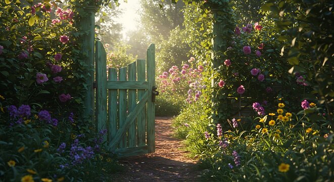 A garden gate opening to a secret overgrown floral paradise