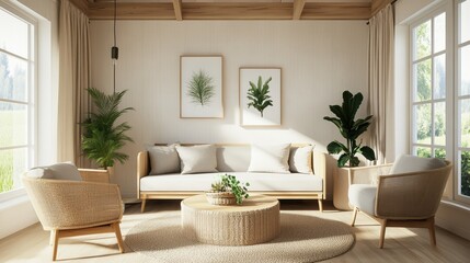 Fototapeta premium Bright and Airy Sunlit Living Room Decorated With Beige Walls, Wooden Beamed Ceiling, Large , Woven Sofa, Armchairs, Coffee Table, and Plants