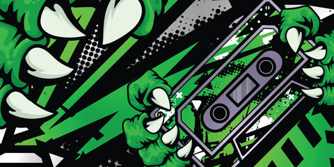 Green abstract racing background with music cassette object and monster claws © Nj Art