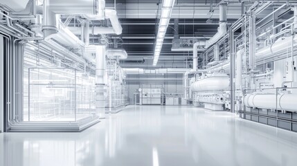 Obraz premium Futuristic industrial interior with sleek lines and modern facilities.