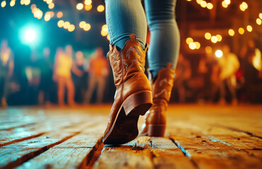 Close up of legs in cowboy boots dancing on wooden floor at lively country event, surrounded by colorful lights and joyful atmosphere