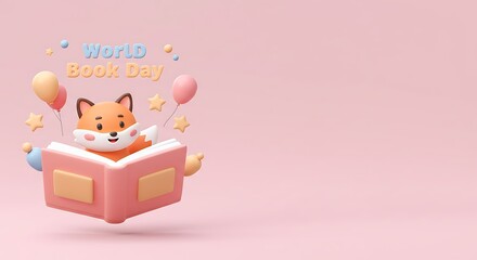 3d cute cartoon illustration, abstract illustration for world book and day, open book concept with subject on the left side, leaving plenty of copy space on the right.