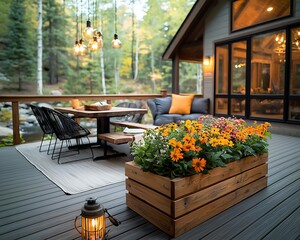 Outdoor deck dining area with fall foliage. Wooden planter box filled with colorful flowers