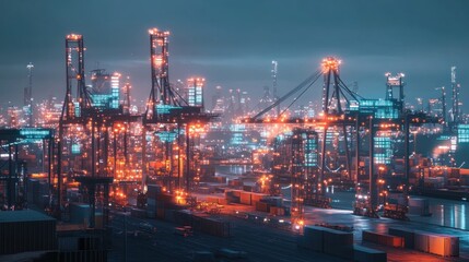 Futuristic port city at night, with cranes and containers, illuminated by vibrant lights.