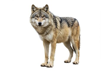 Obraz premium A full body shot of a wolf standing alert with a white background looking directly at the camera lens