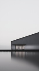 Fototapeta premium Modern architecture reflected in calm waters, showcasing minimalistic design elements.