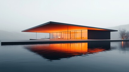 Obraz premium Modern architecture masterpiece with sleek lines and serene water reflection.