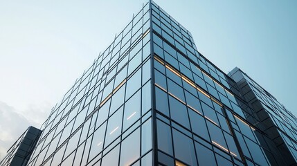 Fototapeta premium Modern glass building reaching towards the sky in a clear blue atmosphere.