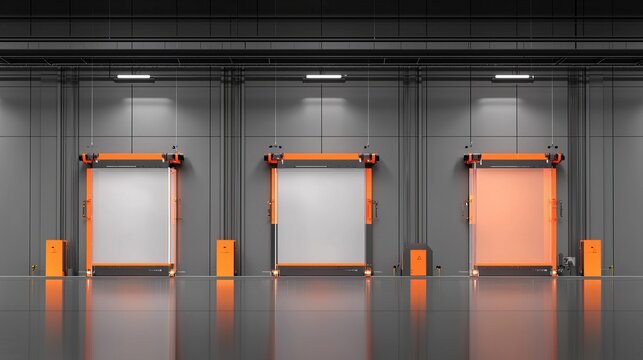Modern warehouse interior with three loading dock doors and grey walls.