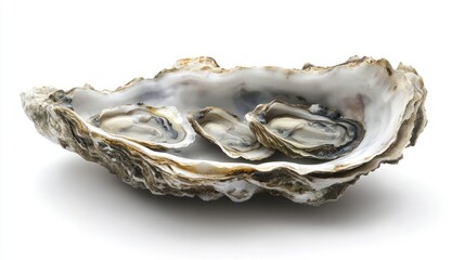 Close-up view of a single oyster shell with mollusks inside.