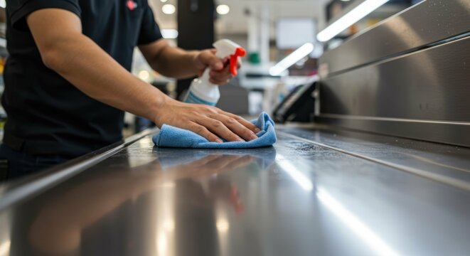 Sanitizing counter with spray and cloth cleaning